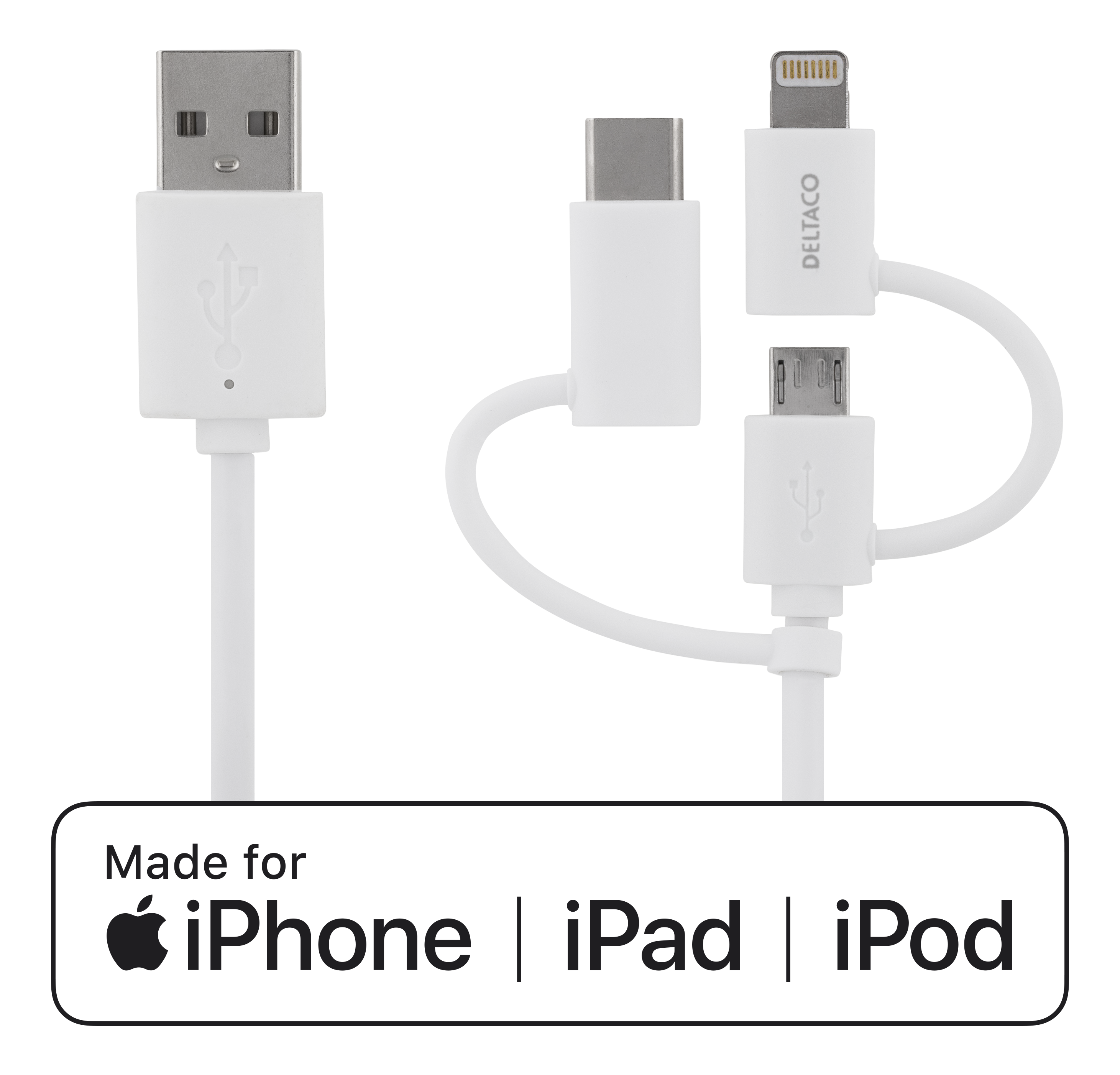 DELTACO USB strömadapter, Micro USB, USB-C, Lightning, vit