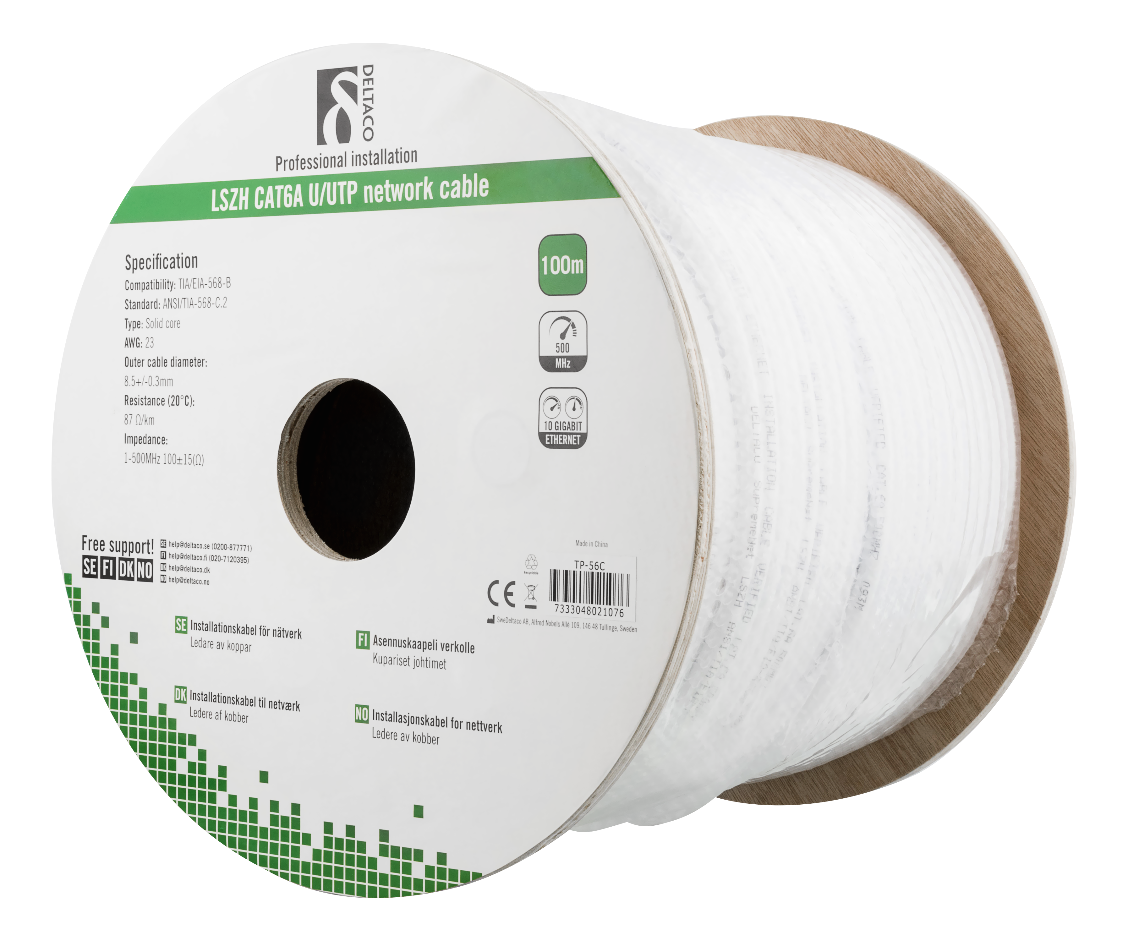 DELTACO U/UTP Cat6a installation cable, 100m drum, 500MHz, LSZH, white