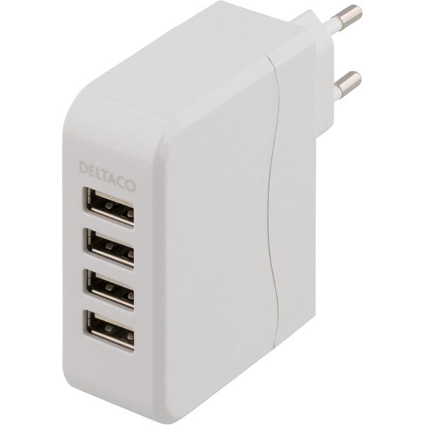 DELTACO USB-laddningsstation, 100-240V till 5V USB, 4xUSB-portar, 4,5A, vit DELTACO USB-laddningsstation, 100-240V till 5V USB, 4xUSB-portar, 4,5A, vit