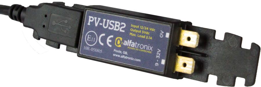 Singel USB, 12/24 Volt in, 5 Volt ut, 2,1A, frontmonterad Singel USB, 12/24 Volt in, 5 Volt ut, 2,1A, frontmonterad