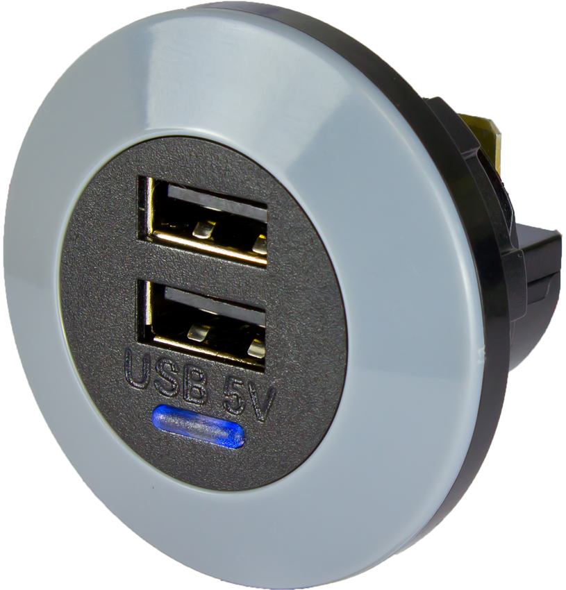 Dubbel USB, 12/24 Volt in, 5 Volt ut, 3A (1,5A per USB), frontmonterad Dubbel USB, 12/24 Volt in, 5 Volt ut, 3A (1,5A per USB), frontmonterad