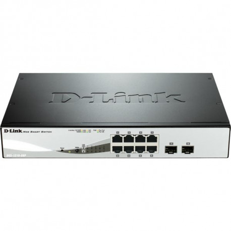 D-Link nätverksswitch, Layer 2, 10/100/1000BASE-TX, 8xRJ45, 2xSFP, PoE, Green Technology, Web GUI, metall, svart/silver