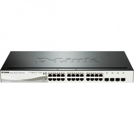 D-Link nätverksswitch, Layer 2, 10/100/1000BASE-TX, 24xRJ45, 4xSFP, PoE, Green Technology, Web GUI, metall, svart/silver
