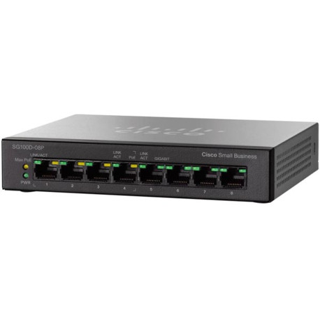 Cisco SG100D-08P - Nätverksswitch med 8xRJ45, 10/100/1000Mbps, PoE, metall, svart