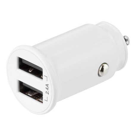 DELTACO 12/24 V USB-billaddare, dubbla USB-A portar, 2.4 A, 12 W, vit