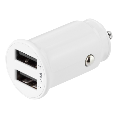 DELTACO 12/24 V USB car charger, dual USB-A ports, 2.4 A, 12 W, white