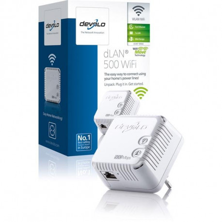 Devolo dLAN 500 WiFi adapter för LAN/WLAN, 500Mbps, 150Mbps, 802.11b/g/n, 2,4Ghz, vit