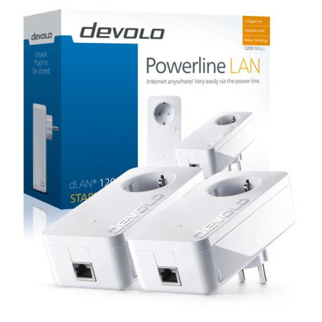 Devolo dLAN 1200+ Starter Kit, HomePlug-adapter för LAN, 1200 Mbps, krypteringsknapp, 2xadapter, vit