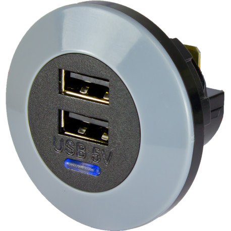 Dubbel USB, 12/24 Volt in, 5 Volt ut, 3A (1,5A per USB), frontmonterad