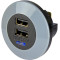 Dubbel USB, 12/24 Volt in, 5 Volt ut, 3A (1,5A per USB), frontmonterad