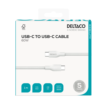 DELTACO USB-C till USB-C laddningskabel, 60W, 1m, vit