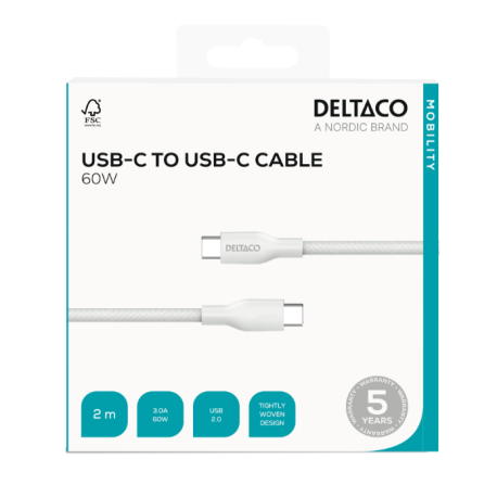 DELTACO USB-C till USB-C laddningskabel, 60W, 2m, vit