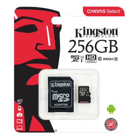 Kingston 256GB microSDXC Canvas Select 80R CL10 UHS-I Card+SD Adapter