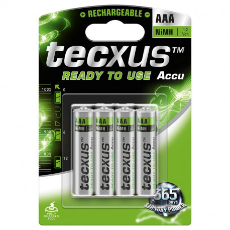Tecxus laddningsbara batterier, AAA, alkaliska, 1,2V, 800mAh, 4-pack