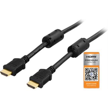 HDMI kabel, Premium High Speed HDMI with Ethernet, 4K, UltraHD i 60Hz, 2m, guldpläterade kontakter