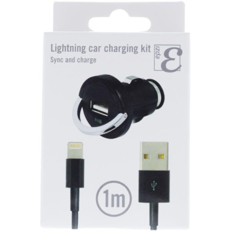 EPZI strömadapter från cigguttag 12/24V till 5V 1A USB Typ A ha, 1m USB till lightningkabel ingår, svart