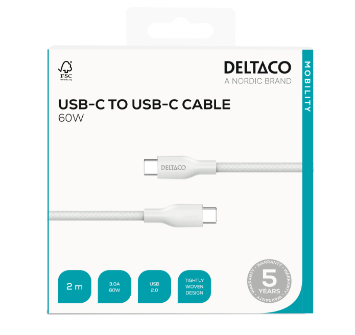 DELTACO USB-C till USB-C laddningskabel, 60W, 2m, vit