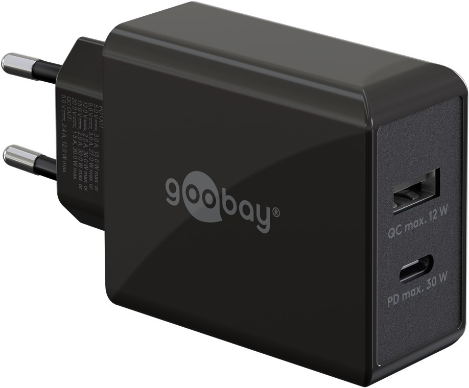 USB-C/USB-A PD Dual Fast Charger (30 W) black