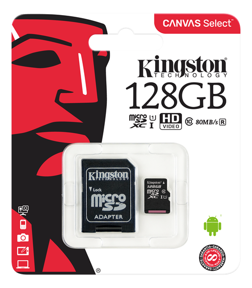 Kingston Canvas Select microSDXC-kort, 128GB, Klass 10 UHS-I, inkl adapter Kingston Canvas Select microSDXC-kort, 128GB, Klass 10 UHS-I, inkl adapter