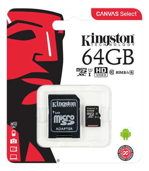 Kingston Canvas Select microSDXC-kort, 64GB, Klass 10 UHS-I, inkl. SD-korts adapter, svart Kingston Canvas Select microSDXC-kort, 64GB, Klass 10 UHS-I, inkl. SD-korts adapter, svart