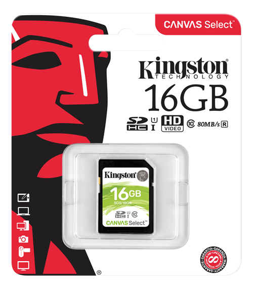 Kingston Canvas Select SDHC-kort, 16GB, UHS-I Klass 10, svart Kingston Canvas Select SDHC-kort, 16GB, UHS-I Klass 10, svart